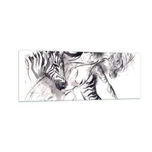 Quadro su vetro - Una donna in una danza dinamica con zebre in un'estetica in bianco e nero - 140x50cm - Ballando con le zebre - Decorazione murale moderna per soggiorno e camera da letto ARTTOR