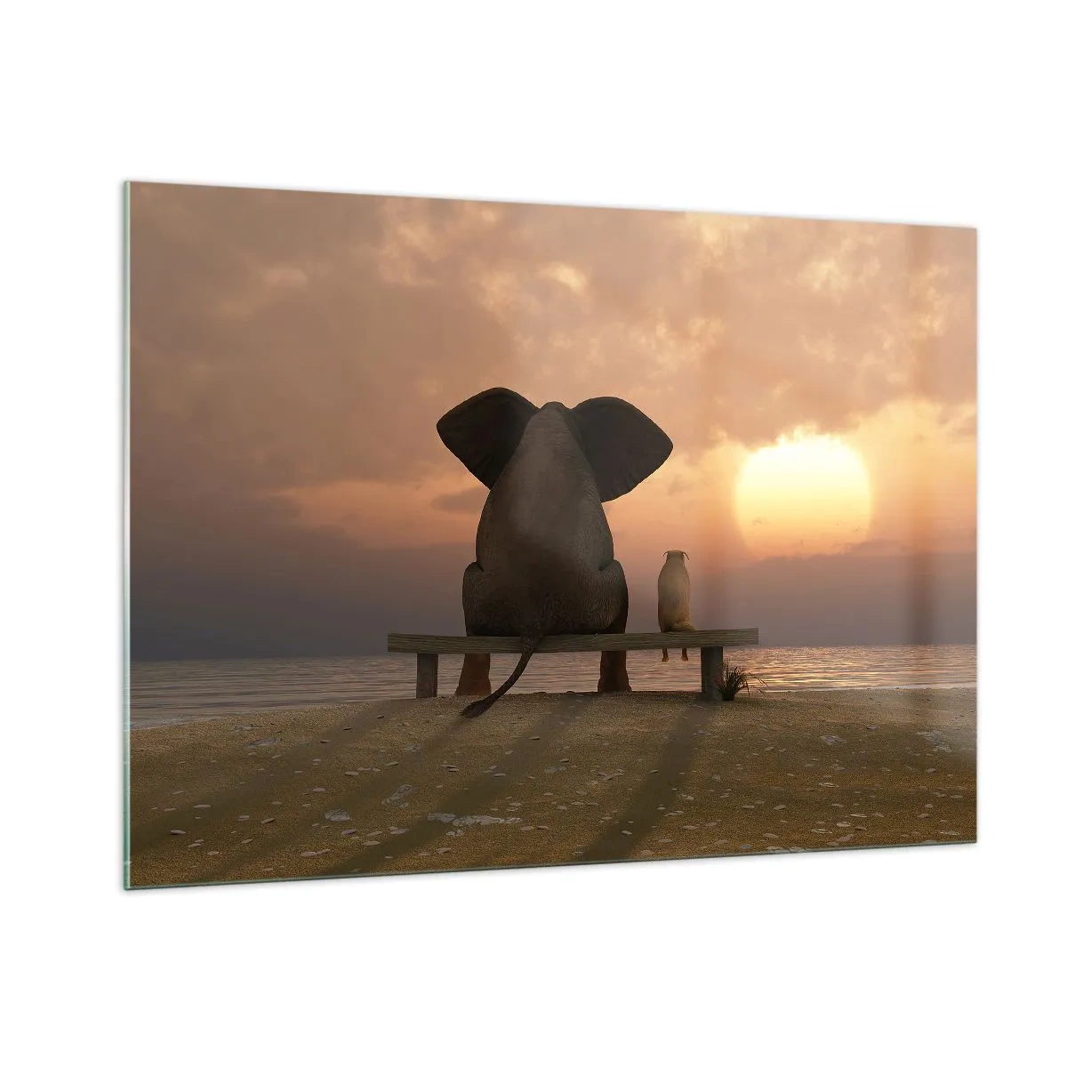 Quadro su vetro - Elefante e cane su una panchina al tramonto - 100x70cm - A volte bisogna tacere - Decorazione murale moderna per soggiorno e camera da letto ARTTOR