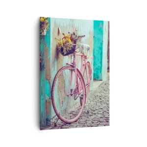 Quadro su tela - Stampe su Tela - Una bicicletta rosa vicino a una porta turchese - 70x100cm - Torno subito - Decorazione murale moderna per soggiorno e camera da letto ARTTOR
