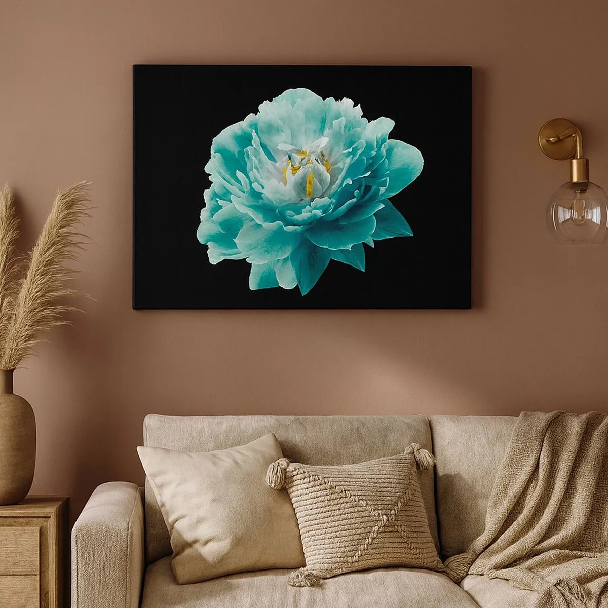 Quadro su tela - Stampe su Tela - Fiore di peonia turchese su sfondo nero - 70x50cm - Petali blu e oro - Decorazione murale moderna per soggiorno e camera da letto ARTTOR