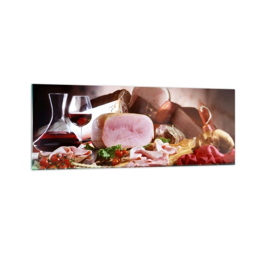 Quadro su vetro - Affettati con vino su sfondo rustico - 140x50cm - Sogno culinario con caraffa - Decorazione murale moderna per soggiorno e camera da letto ARTTOR