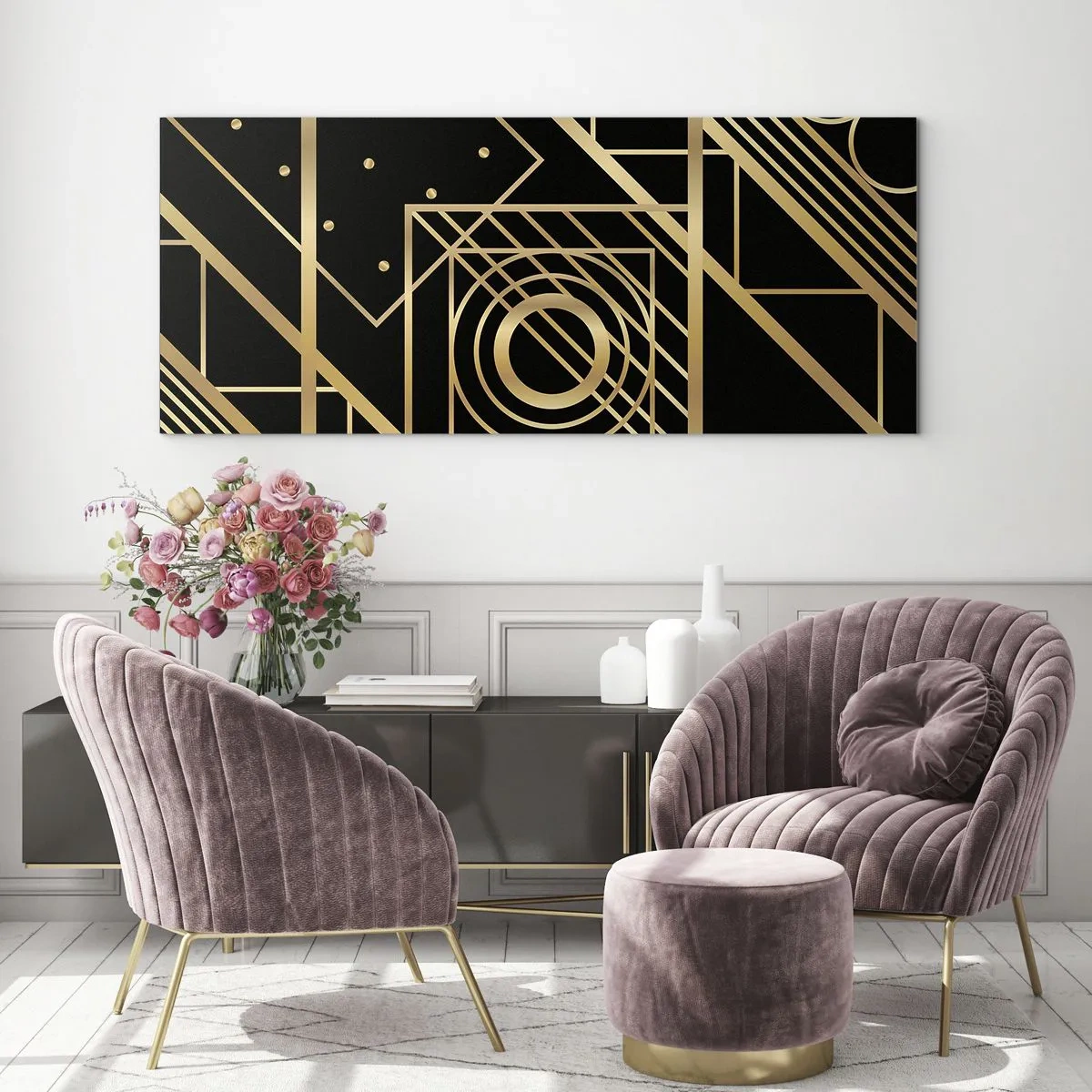 Quadro su vetro - Motivi geometrici dorati su sfondo nero - 160x50cm - Geometria dorata - Decorazione murale moderna per soggiorno e camera da letto ARTTOR