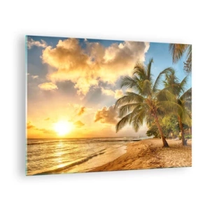 Quadro su vetro - Palm Beach al tramonto con i caldi colori del cielo - 70x50cm - Estate perpetua, vacanze per sempre - Decorazione murale moderna per soggiorno e camera da letto ARTTOR