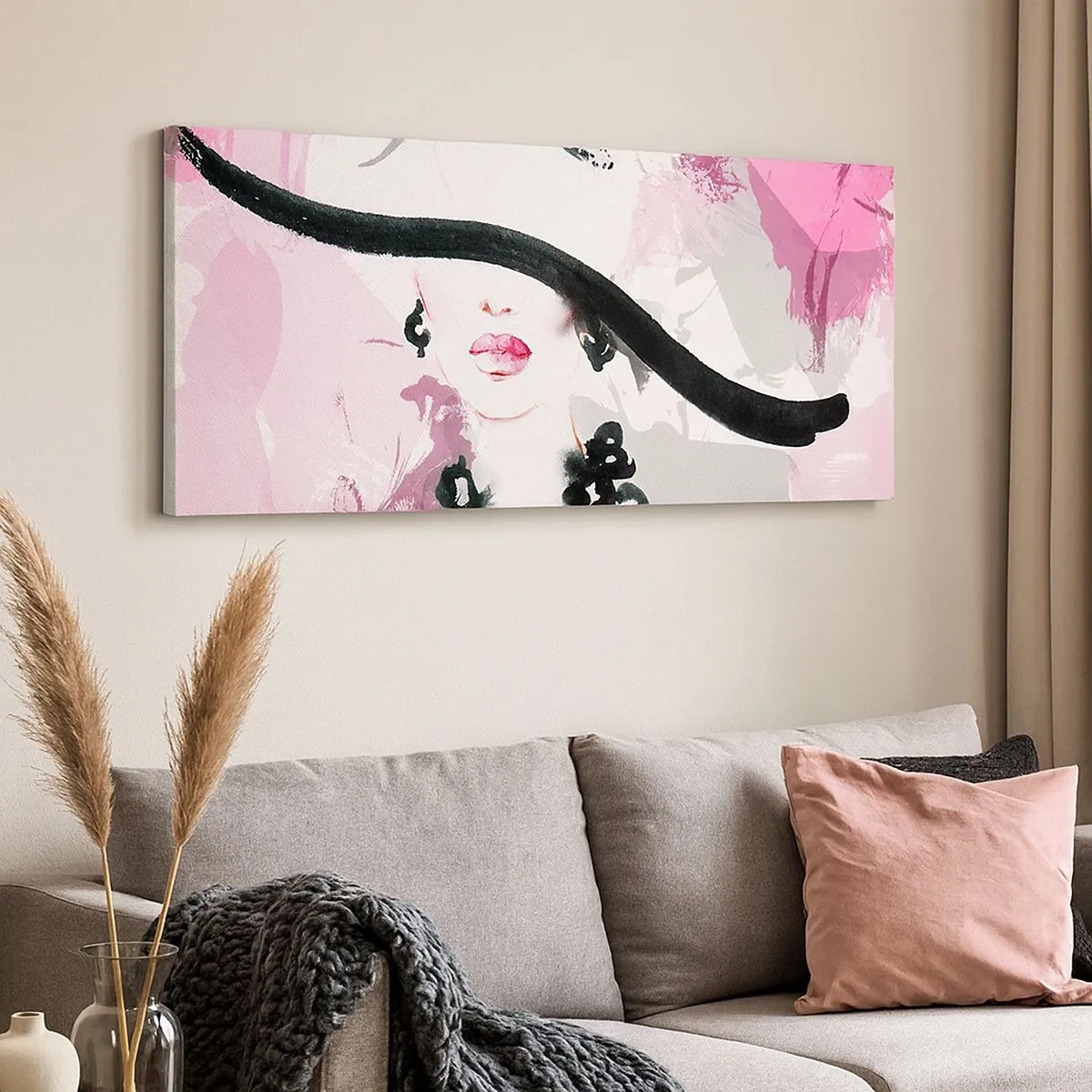 Quadro su tela - Stampe su Tela - Ritratto di donna in nero e rosa - 100x40 cm