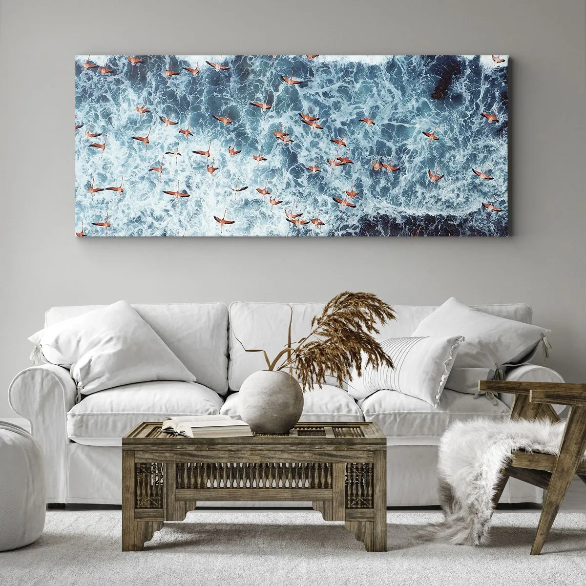 Quadro su tela - Stampe su Tela - Una vista a volo d'uccello di fenicotteri rosa su un oceano blu - 160x50cm - Parata sotto il mare - Decorazione murale moderna per soggiorno e camera da letto ARTTOR