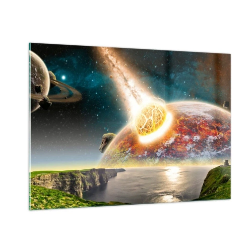 Quadro su vetro - Un meteorite si scontra con un pianeta nello spazio. - 100x70cm - Dramma cosmico - Decorazione murale moderna per soggiorno e camera da letto ARTTOR