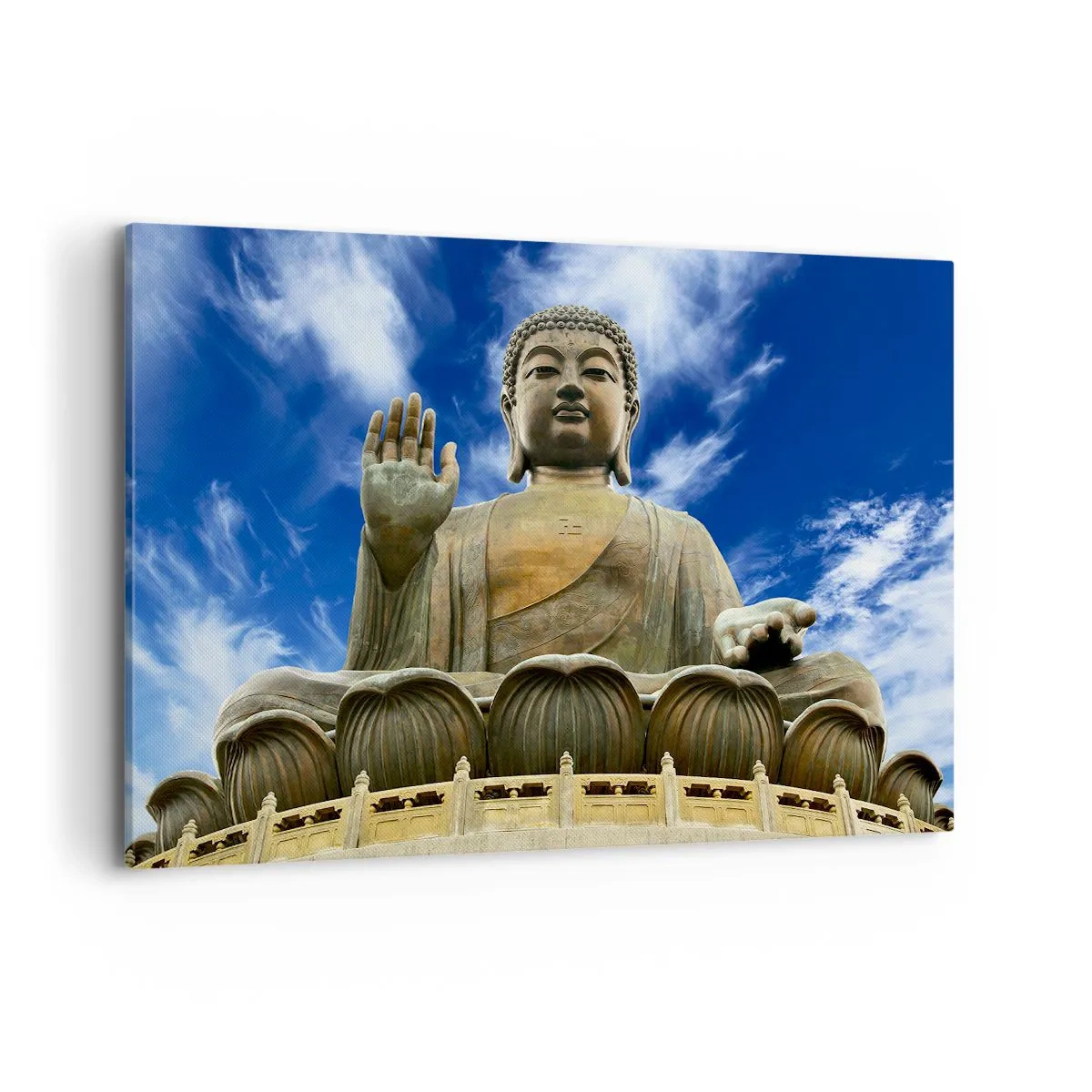 Quadro su tela - Stampe su Tela - Una statua monumentale del Buddha contro un cielo azzurro con nuvole - 120x80cm - Vivere senza paura - Decorazione murale moderna per soggiorno e camera da letto ARTTOR