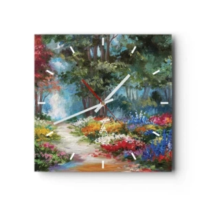 Orologio da parete - Orologio in Vetro - Un pittoresco giardino pieno di fiori e alberi colorati in un ambiente boschivo - 30x30cm - Il giardino del bosco d'aprile - Decorazione murale moderna per soggiorno e camera da letto ARTTOR