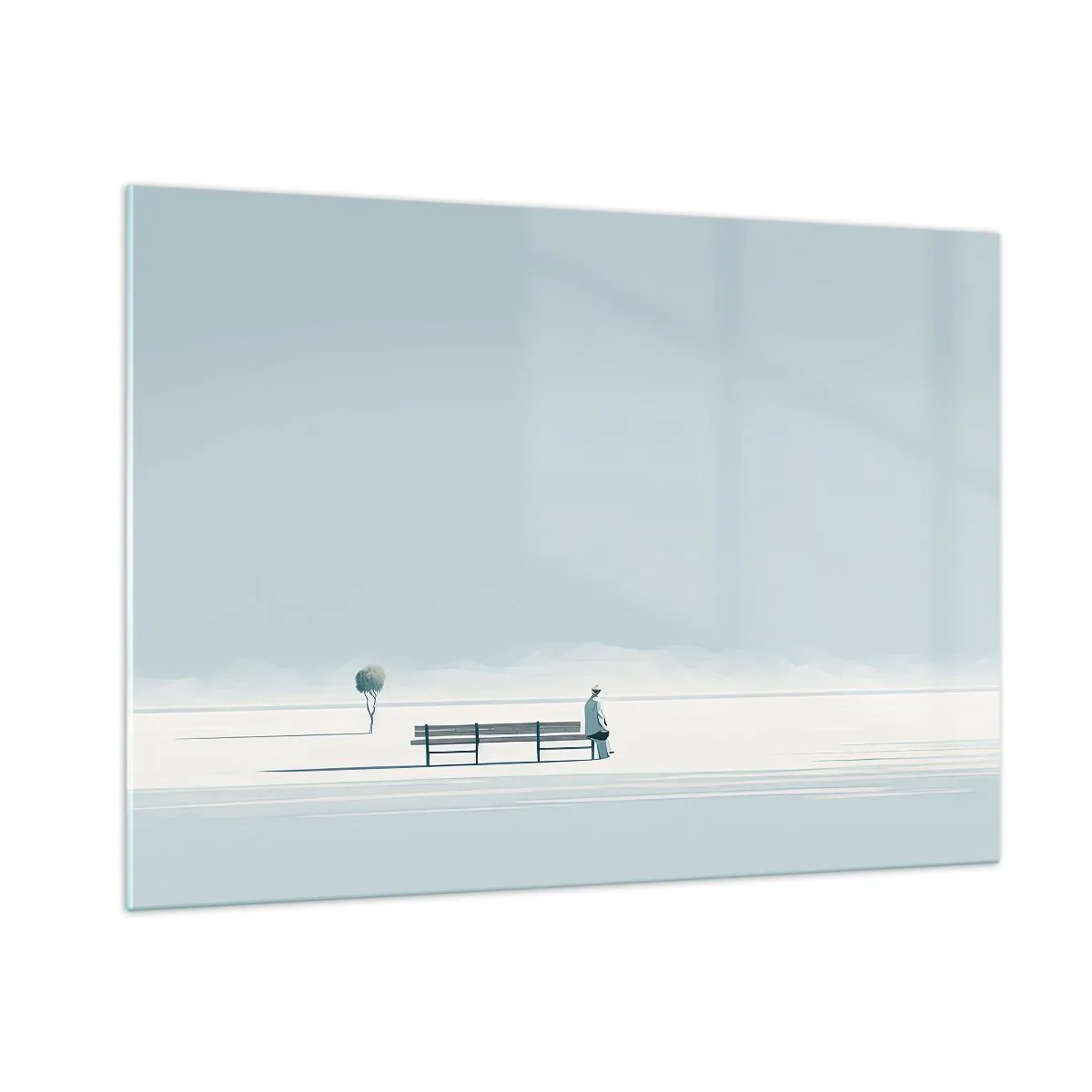Quadro su vetro - Una figura seduta su una panchina in un paesaggio minimalista - 100x70cm - Si, aspetto. - Decorazione murale moderna per soggiorno e camera da letto ARTTOR