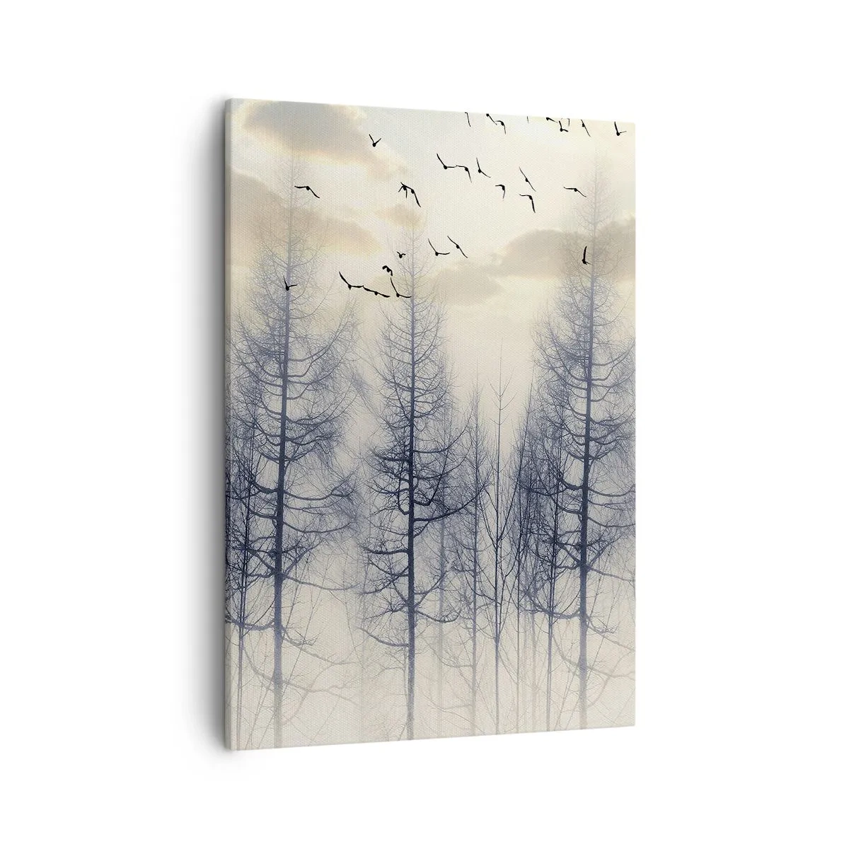 Quadro su tela - Stampe su Tela - Foresta nebbiosa con uccelli contro il cielo al tramonto - 50x70cm - Lo spirito della foresta - Decorazione murale moderna per soggiorno e camera da letto ARTTOR