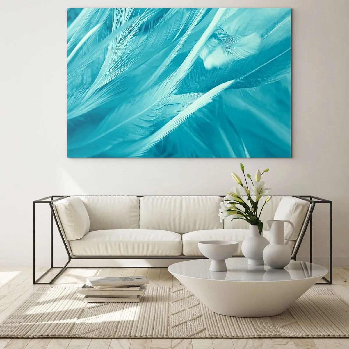 Quadro su vetro - Piume turchesi in un delicato primo piano - 70x50cm - Annegare nel morbido - Decorazione murale moderna per soggiorno e camera da letto ARTTOR