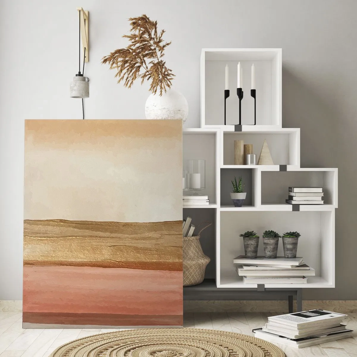Quadro su vetro - Strisce astratte nei toni del beige, oro e rosa su tela - 80x120cm - Composizione verticale - Decorazione murale moderna per soggiorno e camera da letto ARTTOR