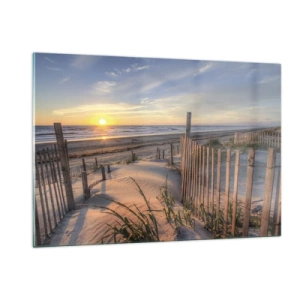 Quadro su vetro - Spiaggia con dune al tramonto - 120x80cm - Luci e ombre del vento - Decorazione murale moderna per soggiorno e camera da letto ARTTOR