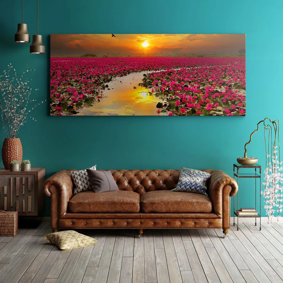 Quadro su tela - Stampe su Tela - Un campo di ninfee rosa al tramonto - 120x50cm - La vita segreta del lago - Decorazione murale moderna per soggiorno e camera da letto ARTTOR