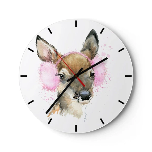 Orologio da parete - Orologio in Vetro - Un cervo con paraorecchie rosa - 30x30cm - E il gelo non mette più paura - Decorazione murale moderna per soggiorno, cucina e camera da letto ARTTOR