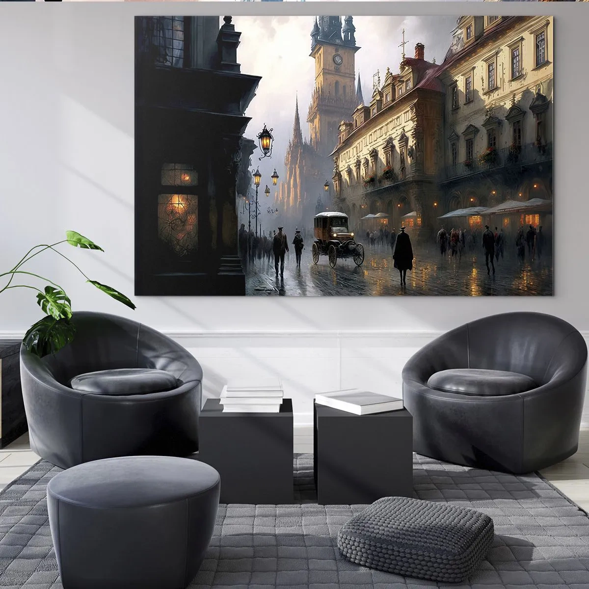 Quadro su vetro - Una strada storica illuminata dalle lanterne al tramonto - 120x80cm - Il fascino delle sere di Praga - Decorazione murale moderna per soggiorno e camera da letto ARTTOR