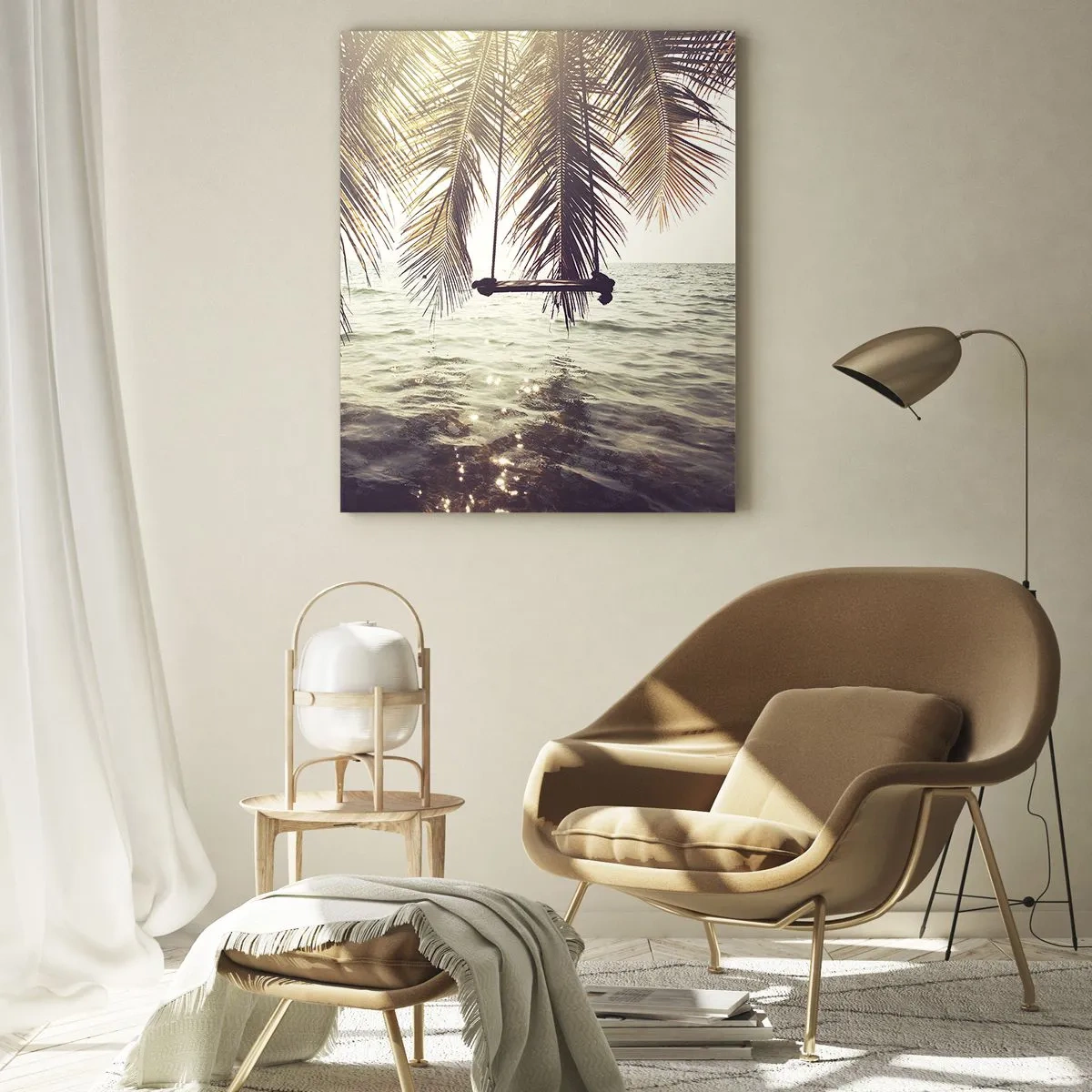 Quadro su vetro - Una spiaggia con palme e un'altalena su un mare calmo - 50x70cm - Si può dondolare tra le nuvole a volontà - Decorazione murale moderna per soggiorno e camera da letto ARTTOR