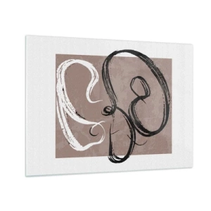 Quadro su vetro - Pennellate dinamiche in bianco e nero su sfondo beige. - 70x50cm - Composizione: alla ricerca della pienezza - Decorazione murale moderna per soggiorno e camera da letto ARTTOR