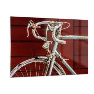 Quadro su vetro - Una vecchia bici da strada degli anni '70 contro un muro di legno rosso - 120x80cm - Creata per la vittoria - Decorazione murale moderna per soggiorno e camera da letto ARTTOR