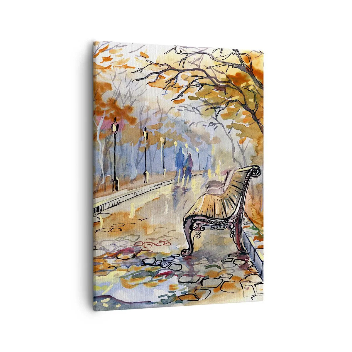 Quadro su tela - Stampe su Tela - Un parco autunnale con una panchina in acquerello - 50x70cm - Passeggiando insieme l'autunno - Decorazione murale moderna per soggiorno e camera da letto ARTTOR