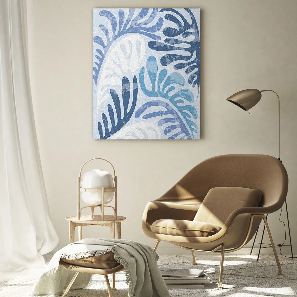 Quadro su vetro - Foglie di felce decorative nei toni del blu su uno sfondo chiaro - 50x70cm - Felci blu - Decorazione murale moderna per soggiorno e camera da letto ARTTOR