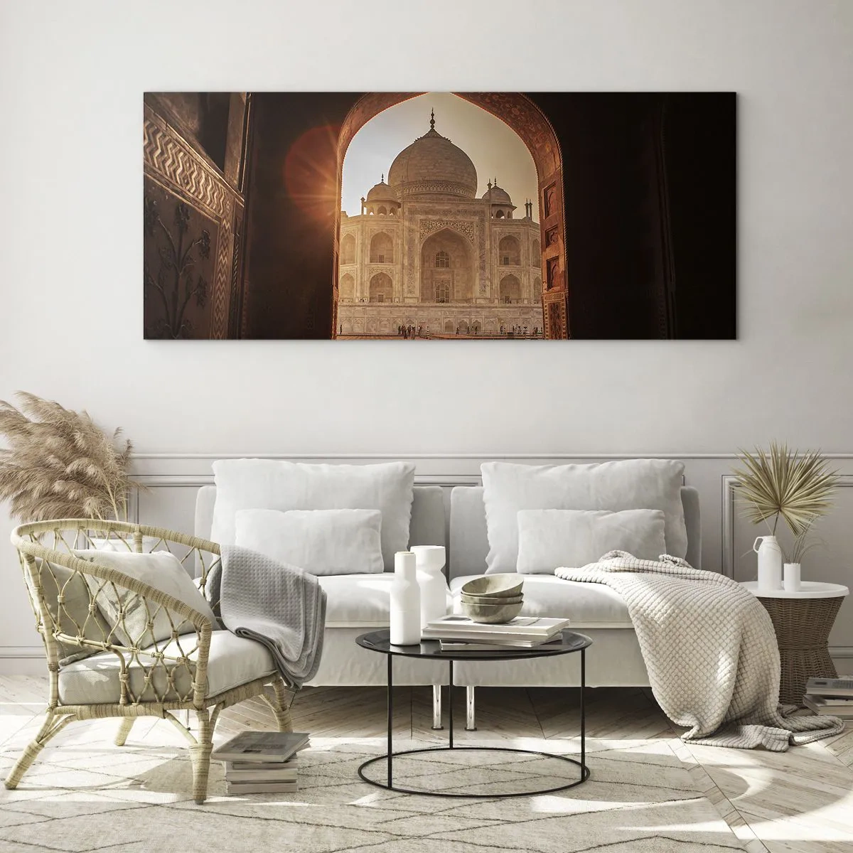 Quadro su vetro - Il Taj Mahal alla luce del sole visto dall'arco del cancello - 140x50cm - Monumento all'amore ultraterreno - Decorazione murale moderna per soggiorno e camera da letto ARTTOR