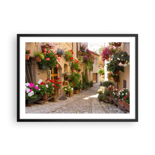 Poster in cornice nera - Una strada con fiori in vaso e muri in pietra - 70x50cm - Un'esplosione di fiori - Decorazione murale moderna per soggiorno e camera da letto ARTTOR