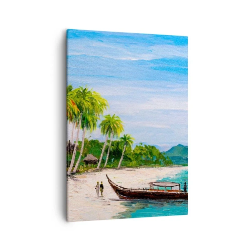Quadro su tela - Stampe su Tela - Una spiaggia esotica con palme e una barca sulla riva - 50x70cm - Sogno esotico - Decorazione murale moderna per soggiorno e camera da letto ARTTOR