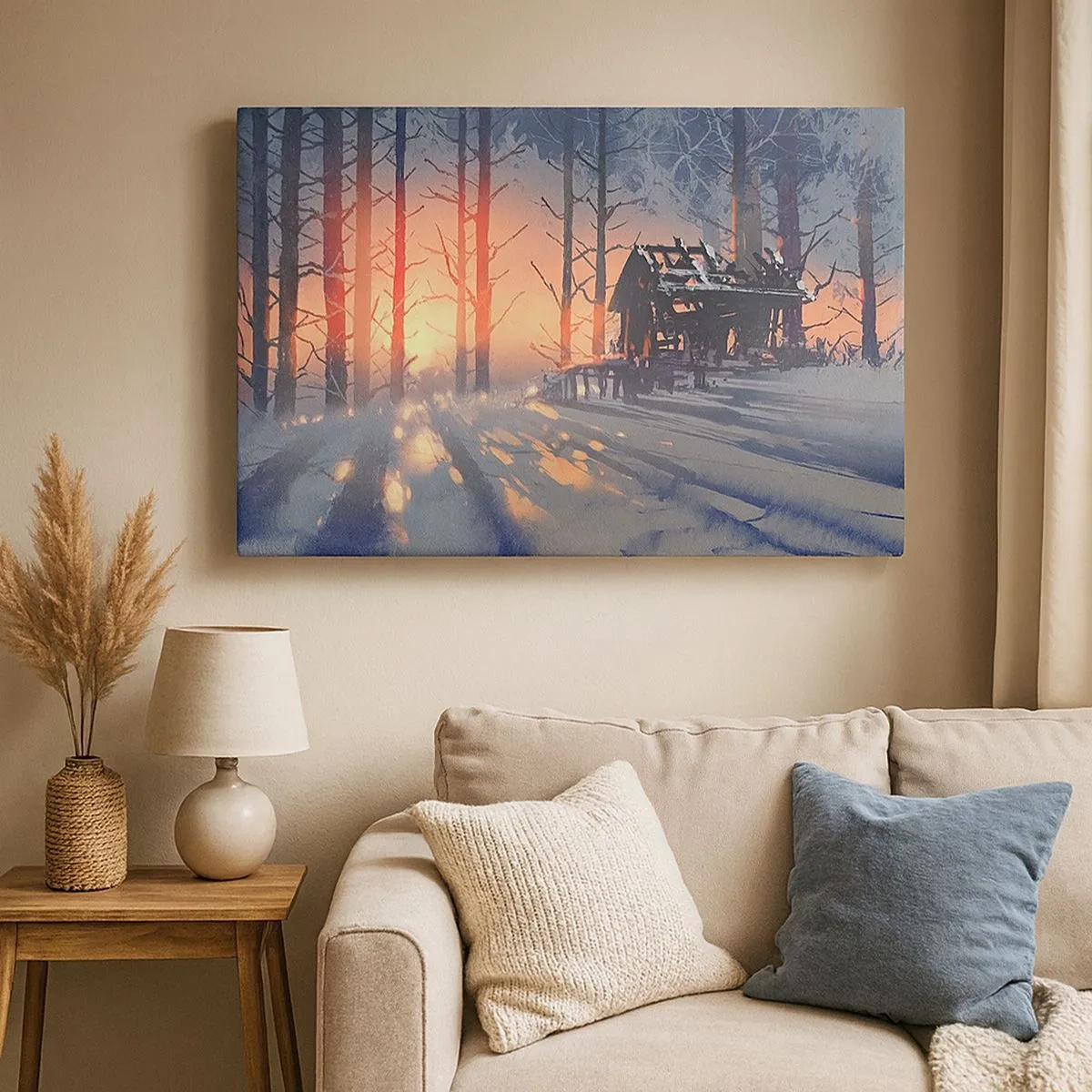 Quadro su tela - Stampe su Tela - Una casetta nel bosco in un paesaggio invernale con i raggi del sole al tramonto - 70x50cm - Qui solamente il sole osserva - Decorazione murale moderna per soggiorno e camera da letto ARTTOR