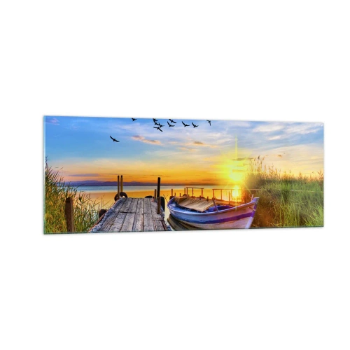Quadro su vetro - Una barca su un molo di legno al tramonto - 140x50cm - A domani - Decorazione murale moderna per soggiorno e camera da letto ARTTOR