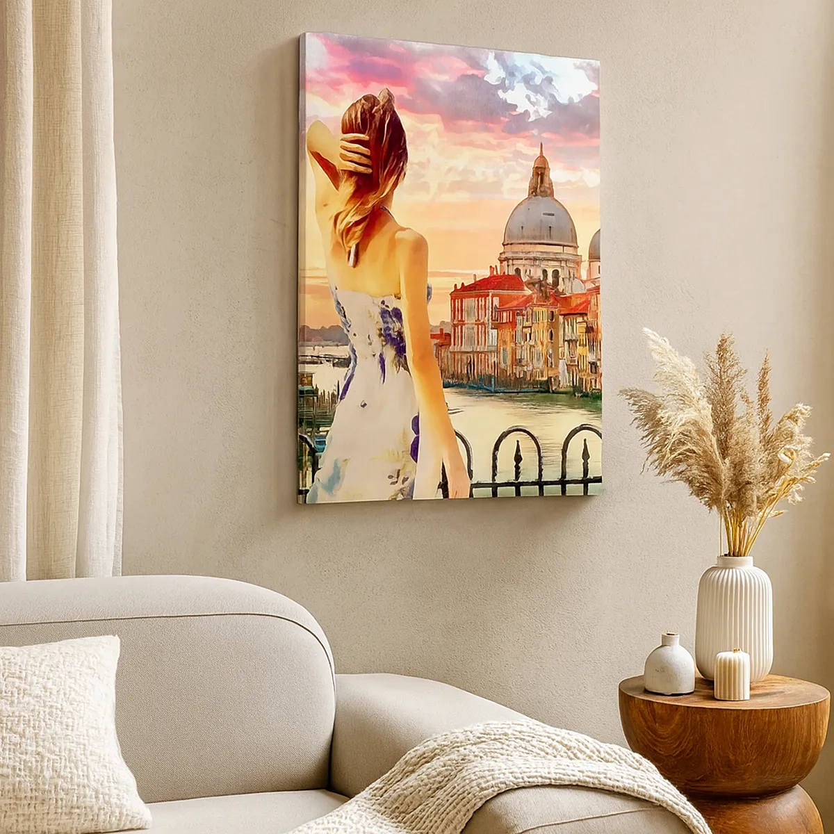 Quadro su tela - Stampe su Tela - Una donna ammira il pittoresco paesaggio lungo il canale - 50x70cm - Se un'avventura allora solo a... - Decorazione murale moderna per soggiorno e camera da letto ARTTOR