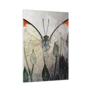 Quadro su vetro - Una farfalla artistica circondata da delicati fiori su uno sfondo grigio. - 50x70cm - Dove la farfalla si dondola sull'erba - Decorazione murale moderna per soggiorno e camera da letto ARTTOR