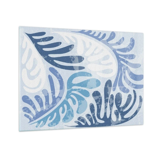 Quadro su vetro - Foglie di felce decorative nei toni del blu su uno sfondo chiaro - 70x50cm - Felci blu - Decorazione murale moderna per soggiorno e camera da letto ARTTOR
