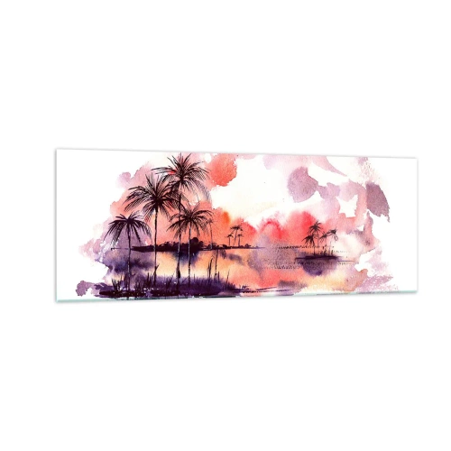 Quadro su vetro - Paesaggio tropicale con palme al tramonto in acquerello - 140x50cm - Pace dei tropici in rosso - Decorazione murale moderna per soggiorno e camera da letto ARTTOR