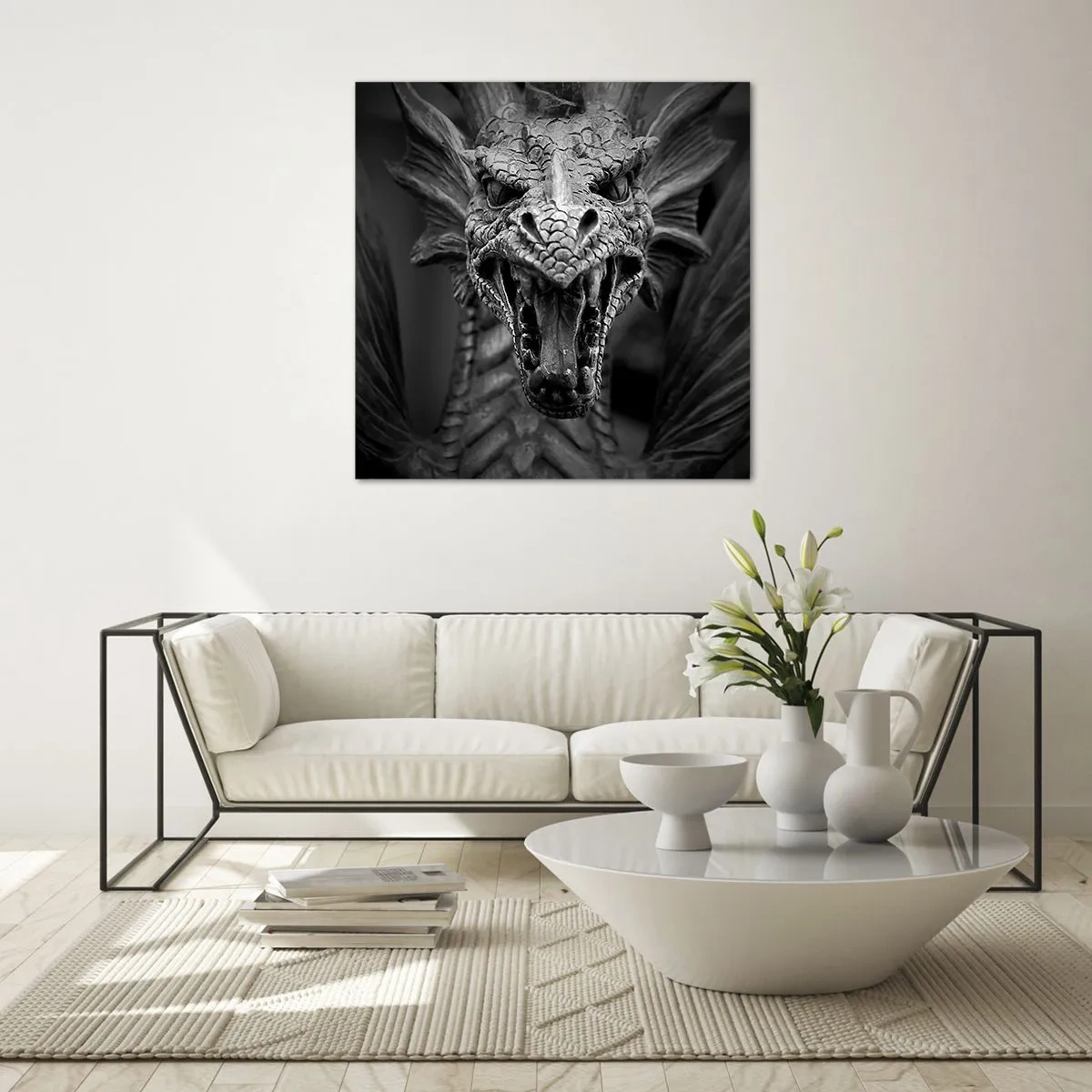 Quadro su vetro - Drago favoloso in grigio - 60x60 cm