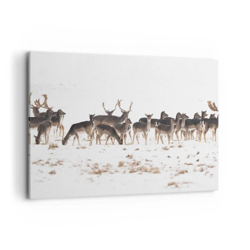 Quadro su tela - Stampe su Tela - Un branco di cervi su uno sfondo innevato - 100x70cm - Tra poco è Natale? - Decorazione murale moderna per soggiorno e camera da letto ARTTOR