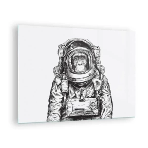 Quadro su vetro - Schizzo di una scimmia in tuta da astronauta su sfondo bianco - 70x50cm - Evoluzione alternativa - Decorazione murale moderna per soggiorno e camera da letto ARTTOR
