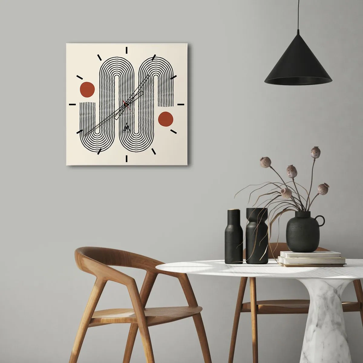 Orologio da parete - Orologio in Vetro - Motivo geometrico con linee e cerchi arancioni - 30x30cm - Dall'inizio alla fine - Decorazione murale moderna per soggiorno e camera da letto ARTTOR