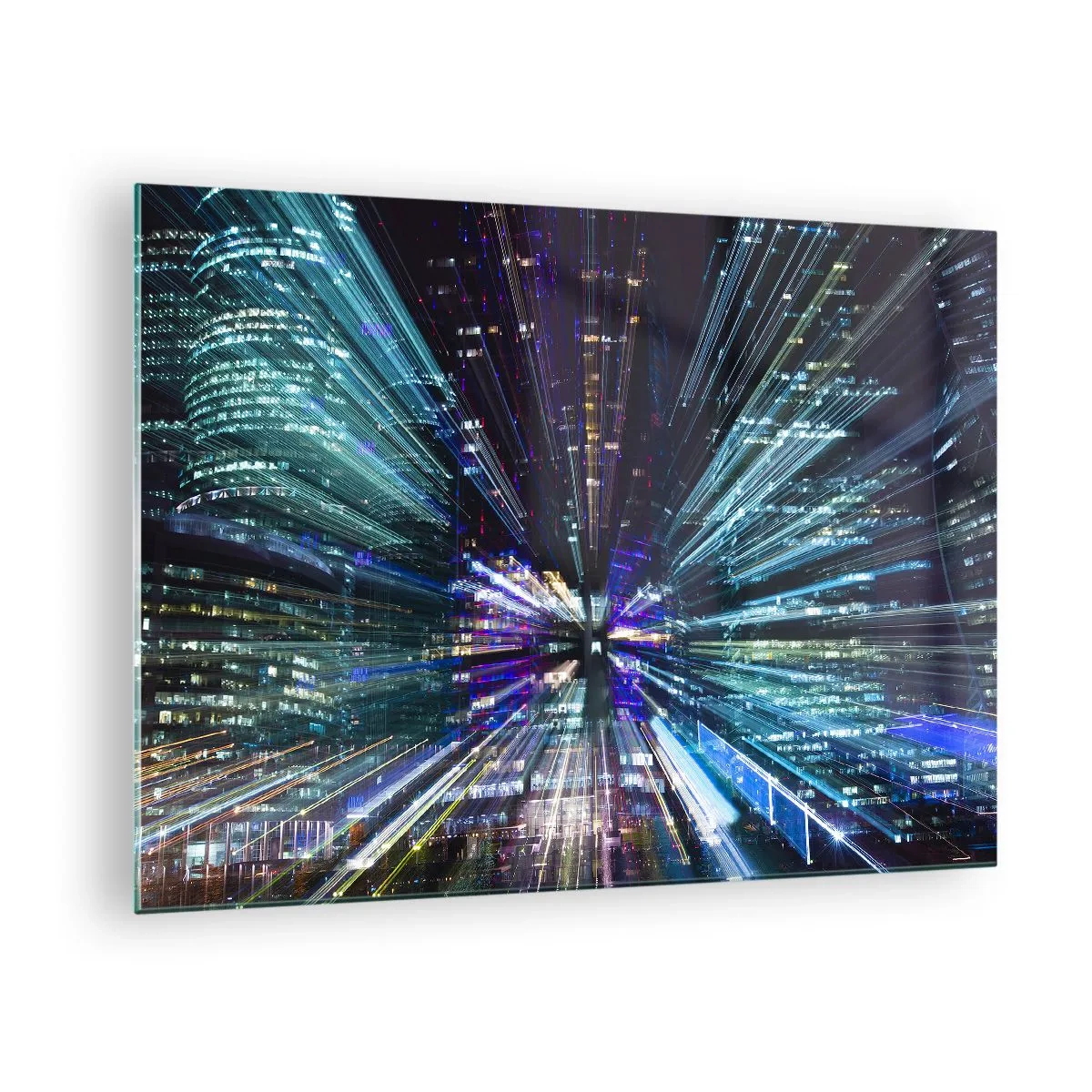Quadro su vetro - Linee di luce dinamiche sullo sfondo di una città notturna - 70x50cm - Passaggio nell'iperspazio - Decorazione murale moderna per soggiorno e camera da letto ARTTOR