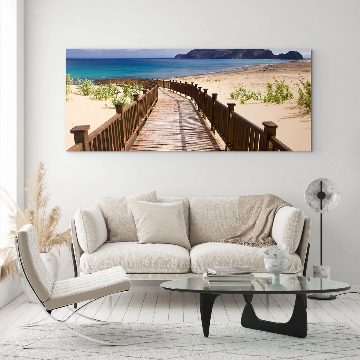 Quadro su vetro - Sentiero in legno che conduce alla spiaggia con vista sull'oceano - 160x50cm - Portami alle isole fortunate - Decorazione murale moderna per soggiorno e camera da letto ARTTOR
