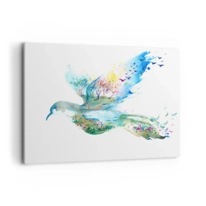 Quadro su tela - Stampe su Tela - Composizione ad acquerello di un uccello con elementi della natura - 120x80cm - Sulle ali della natura - Decorazione murale moderna per soggiorno e camera da letto ARTTOR