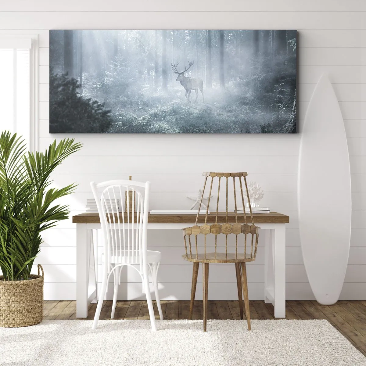 Quadro su tela - Stampe su Tela - Un cervo in una fitta foresta avvolto nella nebbia mattutina - 160x50cm - Passeggiata mattutina sulle sue terre - Decorazione murale moderna per soggiorno e camera da letto ARTTOR