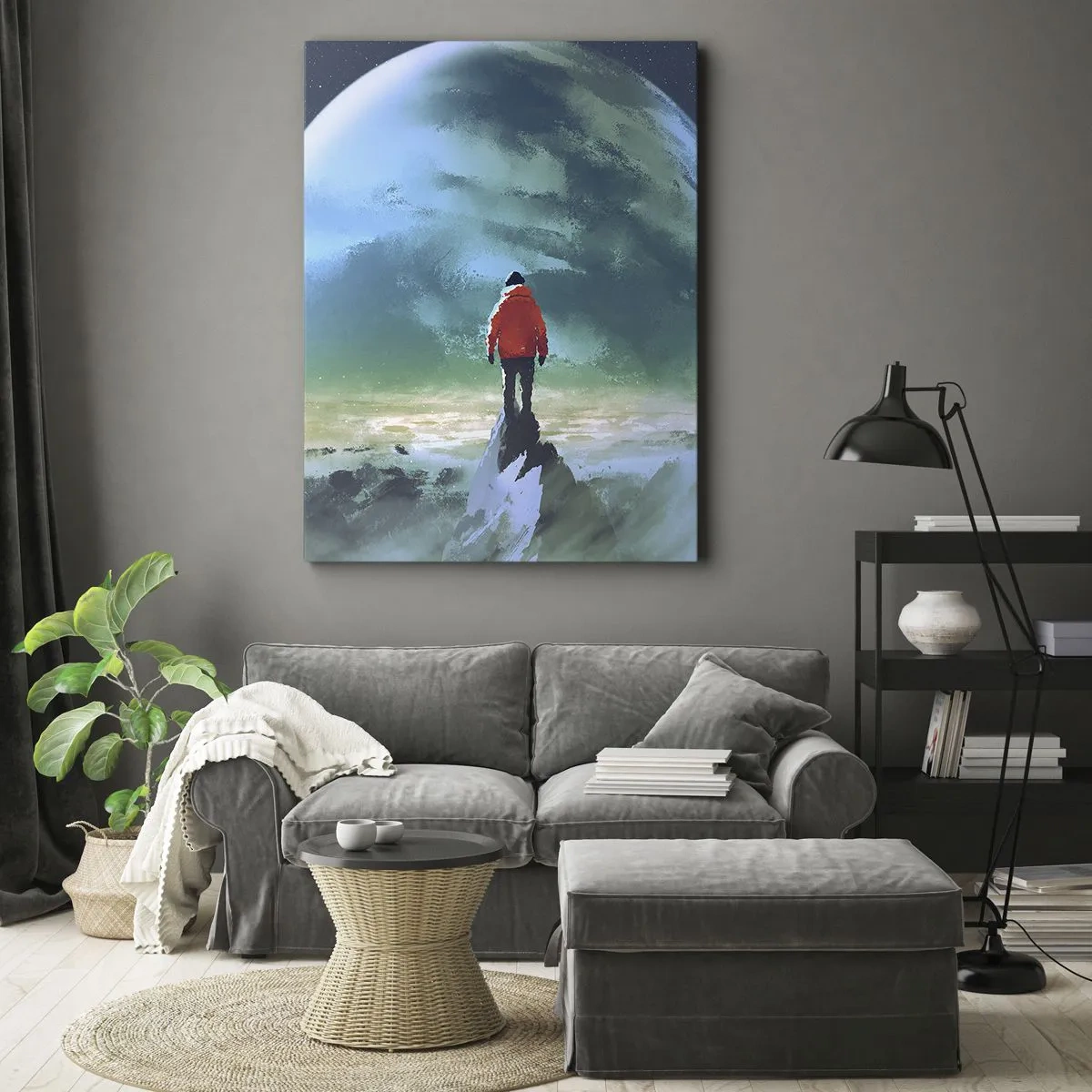 Quadro su tela - Stampe su Tela - Un uomo con una giacca rossa in piedi davanti a un grande pianeta con le stelle sullo sfondo. - 80x120cm - Scopritore di una nuova terra - Decorazione murale moderna per soggiorno e camera da letto ARTTOR