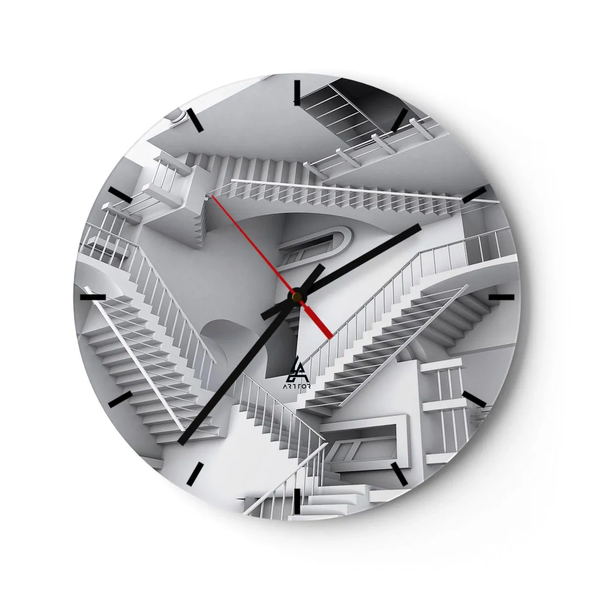 Orologio da parete - Orologio in Vetro - Labirinto astratto di scale in tonalità monocromatiche - 30x30cm - Il paradosso dello spazio - Decorazione murale moderna per soggiorno, cucina e camera da letto ARTTOR