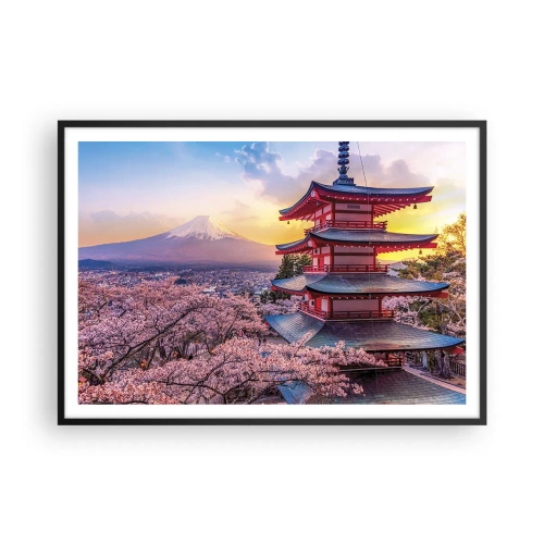 Poster in cornice nera - Una pagoda in Giappone con fiori di ciliegio e il Monte Fuji - 100x70cm - L'essenza dell'anima giapponese - Decorazione murale moderna per soggiorno e camera da letto ARTTOR