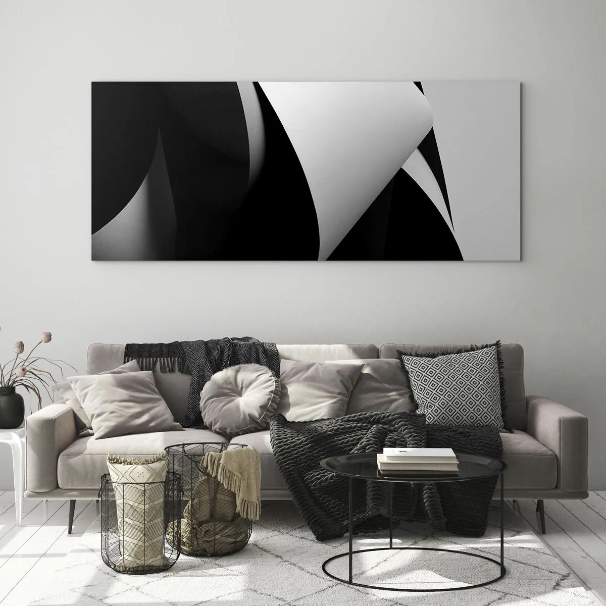Quadro su vetro - Forme astratte in bianco e nero con contrasti sorprendenti - 140x50cm - Piani di luce dalle profondità dell'ombra - Decorazione murale moderna per soggiorno e camera da letto ARTTOR