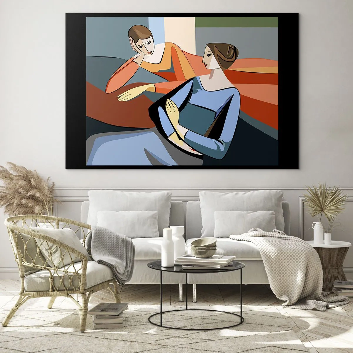 Quadro su vetro - Una scena geometrica di una conversazione tra due donne sullo sfondo di un interno. - 100x70cm - Il momento delle confidenze - Decorazione murale moderna per soggiorno e camera da letto ARTTOR