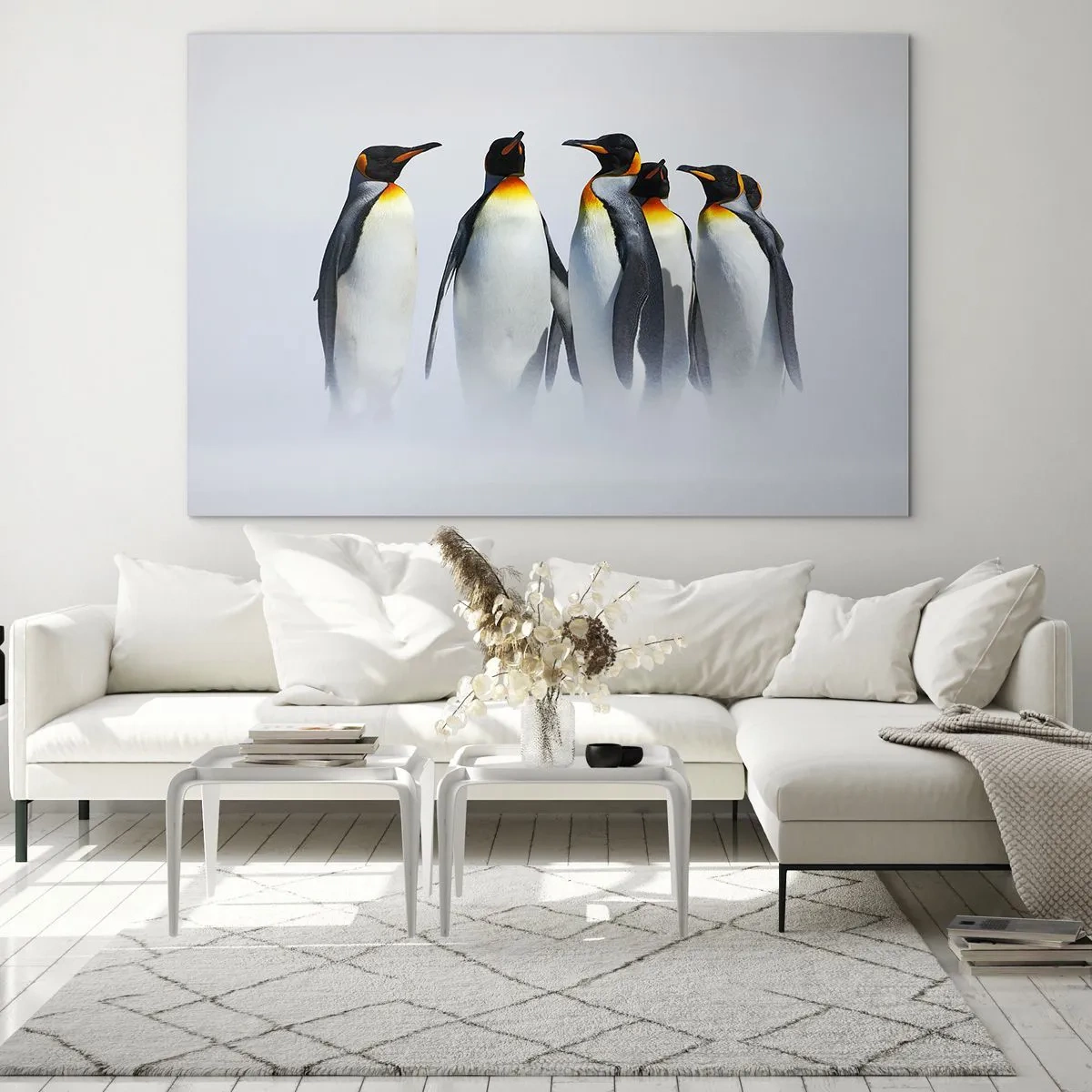 Quadro su vetro - Un gruppo di pinguini in uno scenario invernale - 70x50cm - Incontro in abito da sera - Decorazione murale moderna per soggiorno e camera da letto ARTTOR
