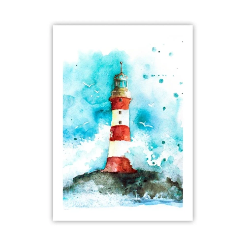 Poster - Faro in stile acquerello con onde del mare - 50x70cm - L'unità dei quattro elementi - Decorazione murale moderna per soggiorno e camera da letto ARTTOR
