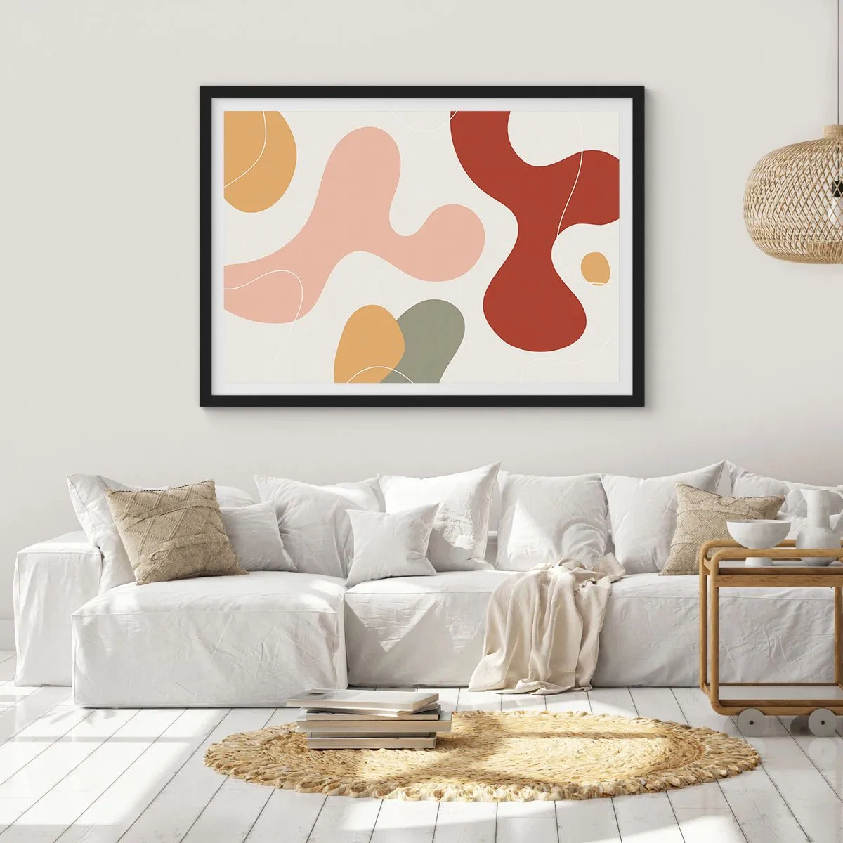 Poster in cornice nera - Una composizione astratta in tonalità pastello con forme dinamiche. - 70x50cm - Ghirigori - Decorazione murale moderna per soggiorno e camera da letto ARTTOR
